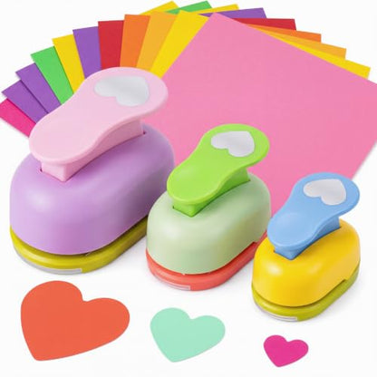 CHENGU 3 Pack Heart Hole Punch 2"/1"/0.6", Random Color - color: Random Color, style: Heart