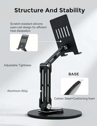 Aluminum Tablet Stand for Desk, 360° Rotating Height Adjustable - color: black