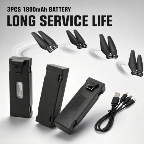 Drone Battery 3PCS 3.7V 1800mAh with 4Pcs Propeller Blades, Mini Propellers Accessories Drone Battery with Blades for E88 E88PRO E525 E99 E99PRO P1 K3 S1 RC UAV Battery Plug and Play