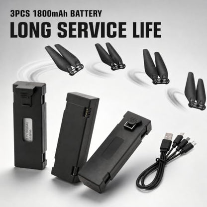 Drone Battery 3PCS 3.7V 1800mAh with 4Pcs Propeller Blades, Mini Propellers Accessories Drone Battery with Blades for E88 E88PRO E525 E99 E99PRO P1 K3 S1 RC UAV Battery Plug and Play