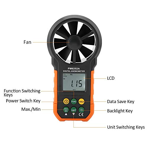 PM6252A Digital Anemometer,Portable High Exactness Handheld Wind Speed Meter Air Volume Measuring Meter for Weather Data Collection and Windsurfing Kite Flying Sailing