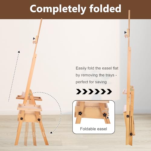 Wooden H-Frame Studio Easel with Storage Drawer and Palettes,Natural - style: Side Trays Natural