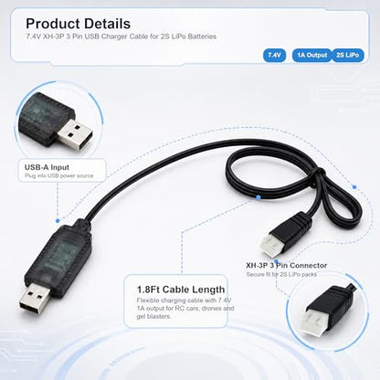 7.4V, 3 Pin USB Charger Compatible with Gel Blaster, Splatter Ball Gun, SCX24 RC Car, Drone - XH-3P 2S Lipo Battery Charger Cable (1.8Ft)