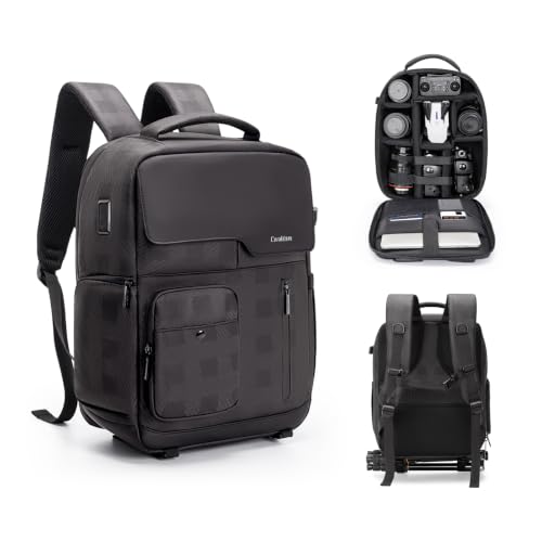 Cwatcun PU Leather Camera Backpack, DSLR Bag with Tripod Holder - color: Black, size: 9.0 Small