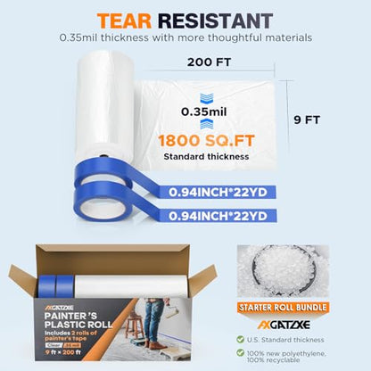 Axgatoxe Plastic Drop Cloth for Painting, Painter's Plastic Sheeting & Tarp - size: 200' Length x 9' Width