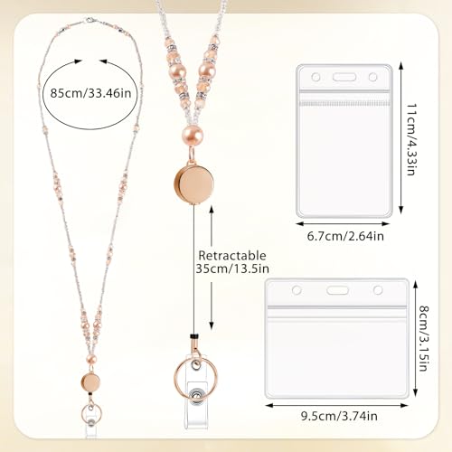 Teacher Beaded Lanyard with Retractable Badge Reel, Pearl, Gold - color: Gold