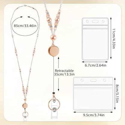 Teacher Beaded Lanyard with Retractable Badge Reel, Pearl, Gold - color: Gold