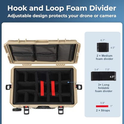 Weatherproof Hard Case, Stackable Trolley Case with Wheels, Hook and Loop Divider & Strap, IP67 Waterproof Box for Camera, Drones and Gear, 21.7" x 13.8" x 8.7", Lignt Coffee - color: Lignt Coffee