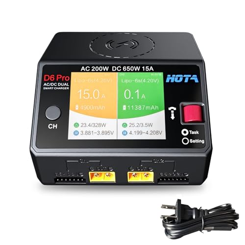 HOTA D6 Pro Lipo Battery Charger Dual Channel Smart Charger AC200W DC650W 15A for LiHv Nicd NiMH Lipo RC Battery Charger with Balance Phone Wireless Charging RC Car RC Boat FPV Race Drone Parts Black - color: Black