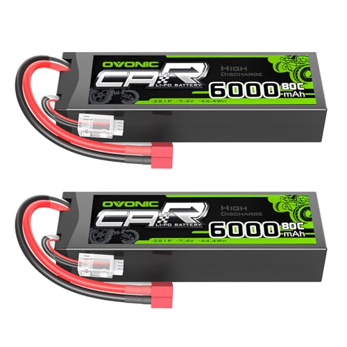 OVONIC 6000mAh 80C 2S 7.4V Lipo Battery Hardcase with Dean-Style T Connector for 1:8 Scale RC Car, RC Airplane, RC Helicopter, RC Boat (2 Pack)