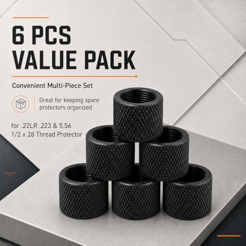 6 Pack 1/2 x 28 Thread Protector Steel for .22LR .223 & 5.56 - color: Black Thread Protector (1/2 x 28)