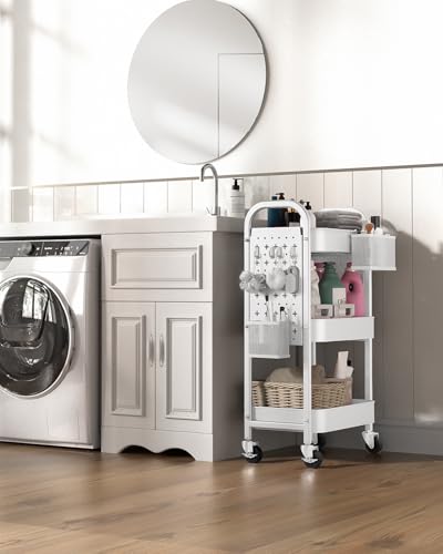ALVOROG 3 Tier Metal Rolling Utility Cart with Pegboards,Baskets,Hook,White - color: White