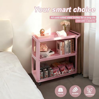 3 Tier Metal Utility Rolling Cart with Wheels, Pink - color: Pink