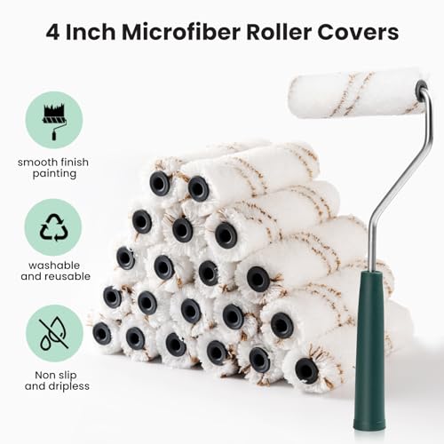Mister Rui Microfiber Paint Roller Covers, 20 Pack 4 Inch Microfiber Roller Covers with Roller Frame, Mini Rollers for Painting, Small Roller Cover Use with All Paints and Stains