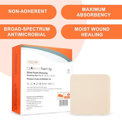 MedVance Silver Foam Sterile Highly Absorbent Dressing, 4"x4", Box of 10 - size: 4"x4" Standard 10 Pack