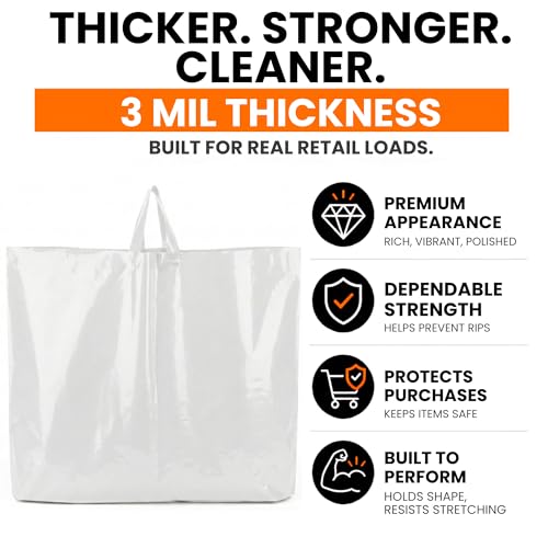 19x15 Large Plastic Shopping Bags for Small Business with Handles - color: White