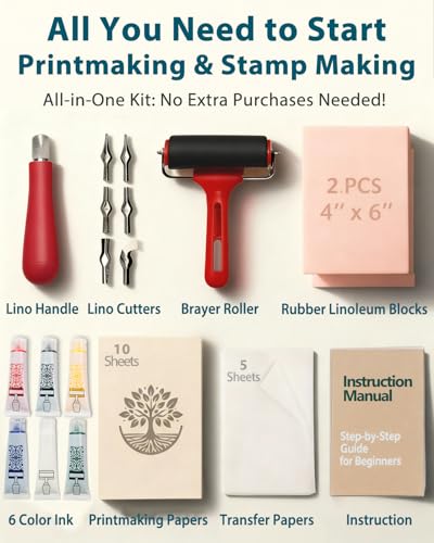 Linocut Tools Block Printing Kit, Deluxe Stamp Carving Printmaking Supplies - color: Multicolor(6 Color Version)