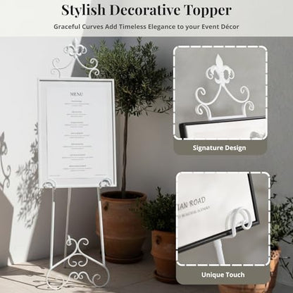 60” H White Easel Stand for Sign Metal Adjustable - color: Scrollwork Floral Top-WHITE
