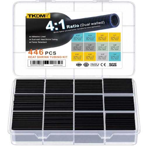 TKDMR 446 Pcs Heat Shrink Tubing Kit - 4:1 Ratio Adhesive Lined, Marine Grade Shrink Wrap - Industrial Heat Shrink Tubing,Black - size: 1.75" Length
