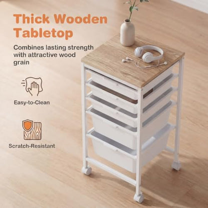 RELAX4LIFE 5-Drawer Rolling Storage Cart w/Lockable Wheels(White) - color: White, size: 25”H