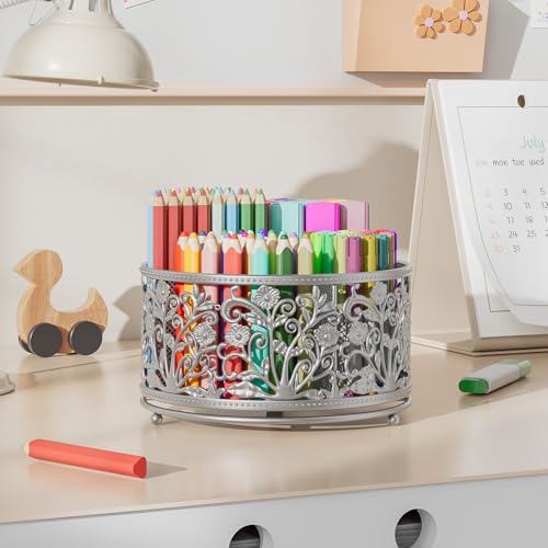 EKNITEY Pencil Pen Holder For Desk - 360° Rotating Pencil Cup Organizer - color: Silver