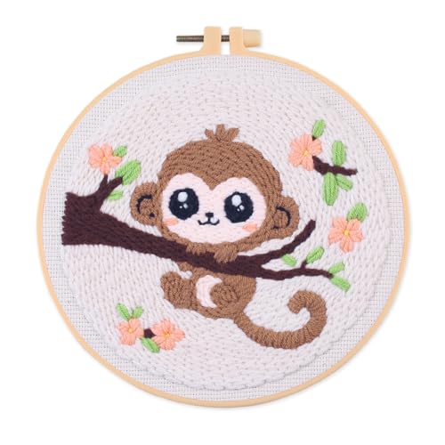 Myfelicity Punch Needle Embroidery Kit, Beginner Craft Set with Animal Pattern Design, 7.9 Inch Hoop (Monkey) - color: monkey