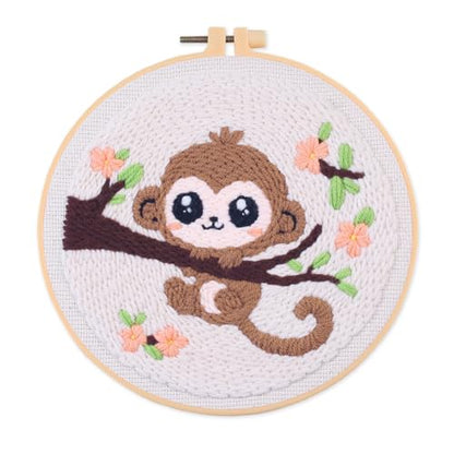 Myfelicity Punch Needle Embroidery Kit, Beginner Craft Set with Animal Pattern Design, 7.9 Inch Hoop (Monkey) - color: monkey