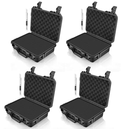 GreenCycle 14.3 x 11.4 x 4.5 Inch Waterproof Hard Case with DIY Customizable Foam Insert Portable Protective Storage Case with Knife for Camera Drones Equipments Tools Test Instruments,Black,4PK