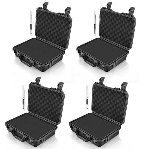 GreenCycle 14.3 x 11.4 x 4.5 Inch Waterproof Hard Case with DIY Customizable Foam Insert Portable Protective Storage Case with Knife for Camera Drones Equipments Tools Test Instruments,Black,4PK