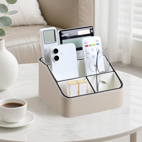 PU Leather Remote Control Holder, Nightstand Organizer with 4 Compartments - color: Beige