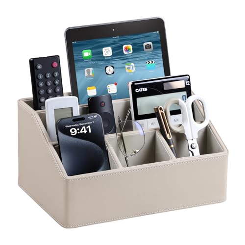 PU Leather Desk Organizer, Remote Control Holder, Dark Beige - color: Dark Beige