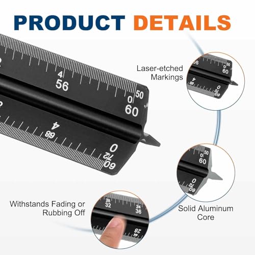 HARFINGTON 2 Pcs Architectural Scale Ruler, 12 Inch Standard Aluminum Alloy Architect Triangular Large Scale Laser-Etched Blueprint Drafting Ruler for Architects Engineers, Black - color: Black, size: 12 Inch