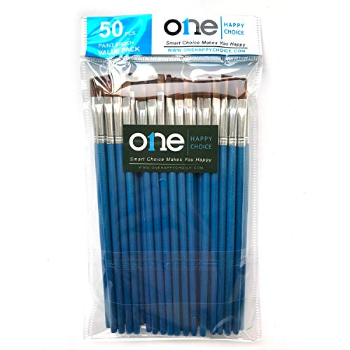 50 Pcs Value Pack of Flat Paint Brushes, Synthetic Soft Hair, Short Handle