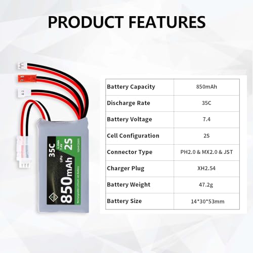 7.4V 2S 35C 850mAh LiPo Battery with USB Charger for 1/24 RC Car - size: 850mah 7.4V