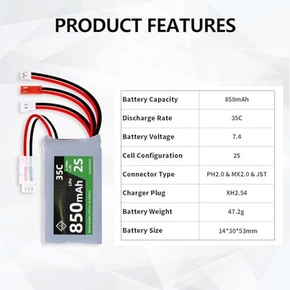 7.4V 2S 35C 850mAh LiPo Battery with USB Charger for 1/24 RC Car - size: 850mah 7.4V