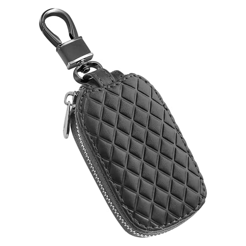 IHOTDER Stylish Car Key Case with Keychain and Zipper - Genuine Leather Car Key Case Holder for Remote Key Cover Replacement (Black) - color: Black