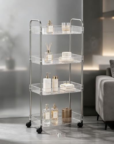 Sooyee Clear 4-Tier Plastic Rolling Utility Cart with Wheels - color: Clear, size: Wide 4 Tier