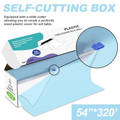 54IN X 320FT Plastic Table Cover Roll with Cutter Box, Cut to Size Plastic Table Cloths for Parties, Birthday, (Light Blue,54"x3840"(Rectangular)) - color: Light Blue, size: 3840" x 54" (Rectangular)