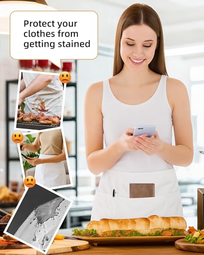 Argstar 2 Pack Server Apron with 4 Pockets, Waitress Waiter Waist WaterDrop Resistant Short Aprons - color: White