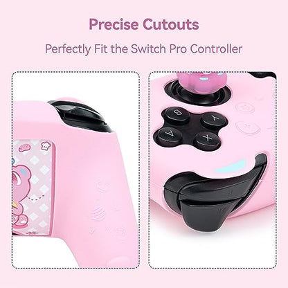 GeekShare Sugar Bear Controller Skin Set Anti-Slip Silicone Protective Cover Skin Case for Switch Pro Controller with 2 Thumb Grip Caps and 1 Sticker - Pink
