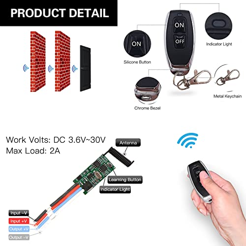 DieseRC 2 Receiver Modules with 2 Transmitters Wireless Remote Control Switch DC 3.6V 5V 12V 24V 30V 2A 1 Channel 433Mhz Radio Control Remote Switch Small Mini Size Controller