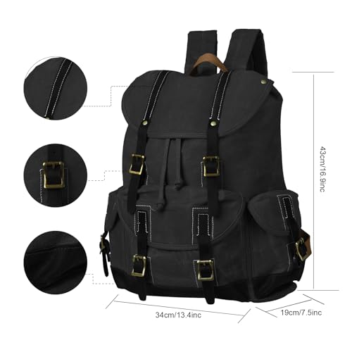 Heavy-Duty Waxed Canvas Rucksack Backpack - color: Black, size: 400 x 340 x 190 mm - Standard