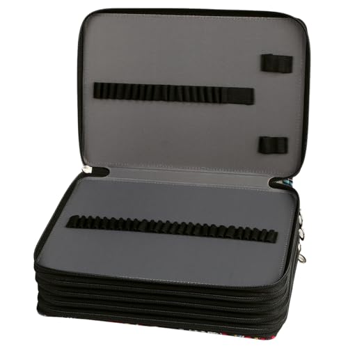 250 Slots Canvas Pencil Case 5-Layer Zipped Holder w/Handle - color: Black Leaves, size: 250