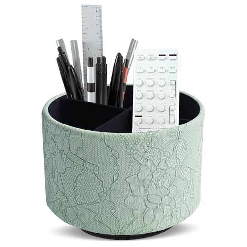 Round Leather Art Supply Organizer,Remote Control Holder,360 Degree Spinning,Multi-Functional Pencil Holder,4 Compartments Desktop Stationary Organizer(1-Lace Flower Green1) - color: 1-Lace Flower Green1