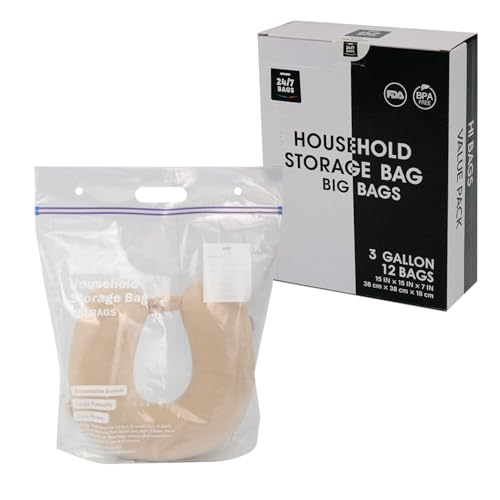 12 Large Plastic Storage Bags, 3 Gallons, Zero BPA, Double Zipper Seal, 3 Mils Thick, Double Layer Carry Handle, 15"x15"x7", Moving, Seasonal, Travel - size: 3 GALLONS