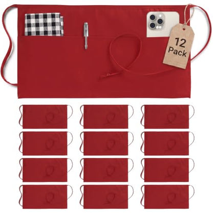 Utopia Wear Server Waist Aprons 12 Pack with 3 Pockets for Men and Women - color: Red