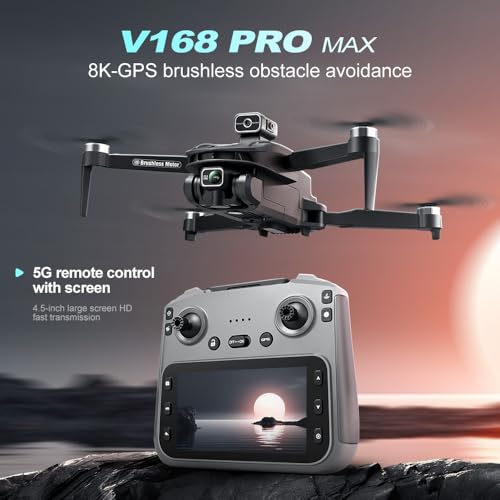 FPV Drone with 4K UHD Camera for Adults, V168 Pro Max GPS Drone with 360° Obstacle Avoidance Brushless Motor RC Drone with 4.5" HD Screen on Controller, Auto Return Altitude Hold Headless Mode, Optical Flow Hover Foldable RC Quadcopter with Screen Remote