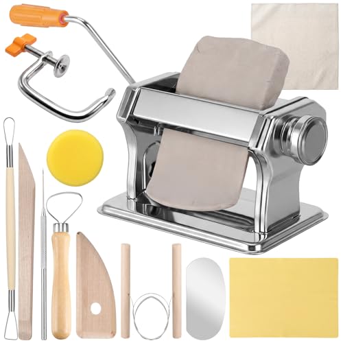 11 Pcs Polymer Clay Roller Machine Set, Stainless Steel Clay Press Machine with 6 Thickness Settings, Handbuilding Kit with Sculpting Tools Silicone Mat and Canvas Cloth for DIY Crafts
