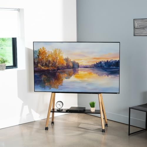 VIVO Rolling Artistic 43 to 75 inch LED LCD Screen Mobile Studio TV Easel Stand, Wood Accessory Shelf, Adjustable TV Mount with 4 Walnut Legs, Black Frame, STAND-TV75R - color: Walnut