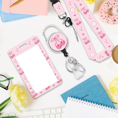 Lanyards for ID Badges, Pink Cherry Bow Cute ID Badge Holder - color: Cherry